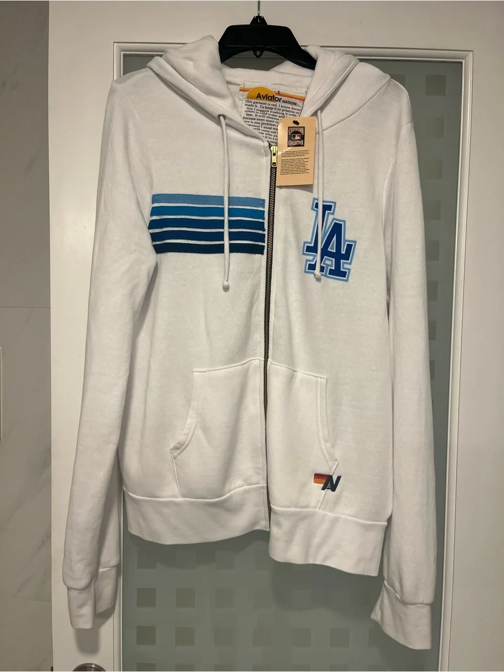 Aviator Nation White Zip Hoodie with Blue LA Stripes - Picture 1 of 6